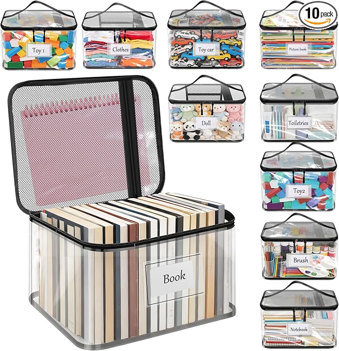 10 Pack Large Clear Storage Bags,Waterproof Transparent Storage Pouches,Stackable Storage Organizers with Reinforced Zipper,Mesh Pockets & Writable Labels for Closet, Shelf,Travel by ServingEveryFamily