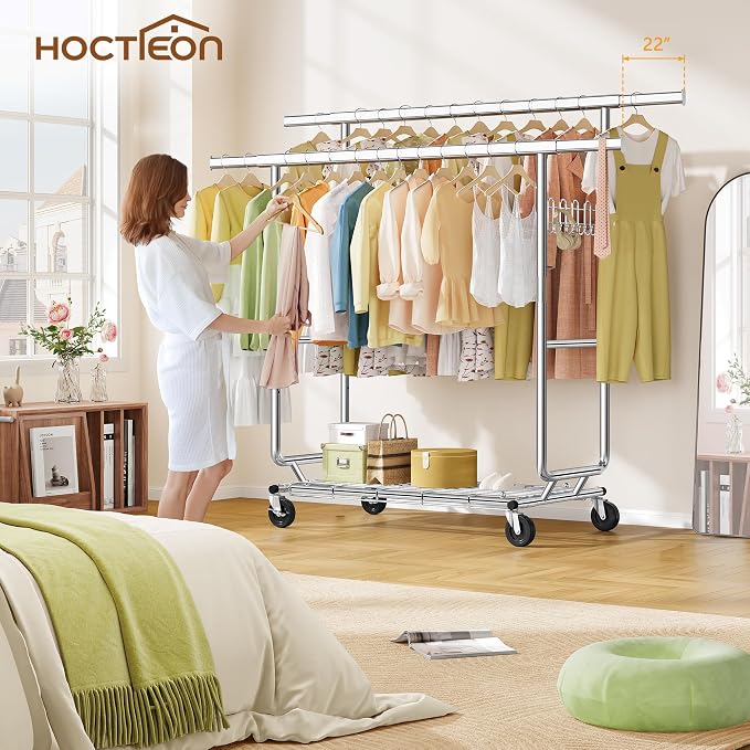Hoctieon 2-Minute Assembly Double Rod Clothes Rack, Heavy Duty Rolling Clothing Racks with Wheels, Foldable Commercial Garment Rack, Extendable Hanging Bar, Adjustable Metal Pole with Hooks, Chrome - Image 8