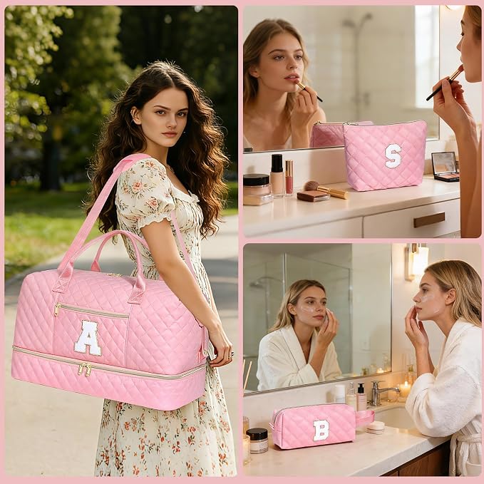 Graduation Birthday Gift for Her, Personalized Initial Weekender Bag for Women 45L Travel Duffle Carry On Quilted, 3PCS Overnight with Cosmetic & Toiletry Bag, Shoe Compartment, Gym Dance Bag for Girl - Image 2