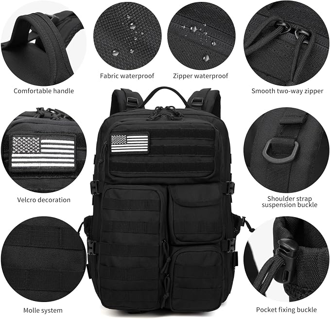 Wotony Tactical Backpack - Military waterproof backpack with multiple pockets and tactical gear for the outdoors (Black, 45L) - Image 8