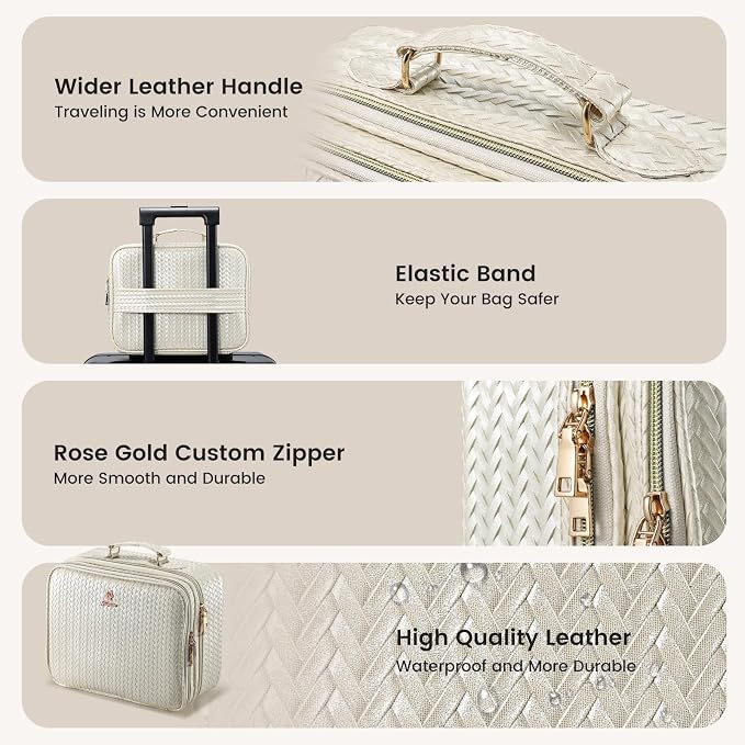 Faquenc Makeup Bag with LED Lighted Mirror 12.2 IN Cosmetic Train Case Double Layer Makeup Case Adjustable Brightness in 3 Colors Cosmetic Organizer Artist Storage with Brush Holder Vanity Beige - Image 7