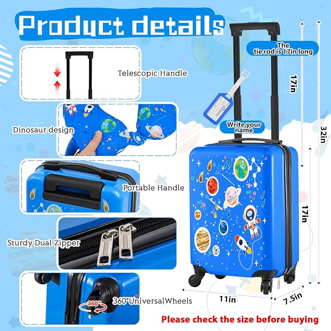 Redbaker 6 Pcs Luggage Set, 17 Inch Rolling Suitcase with Backpack, Lunch Bag and Neck Pillow, Blue Astronaut Travel Set for Summer Vacation, Weekend Trips and Sleepovers - Image 2