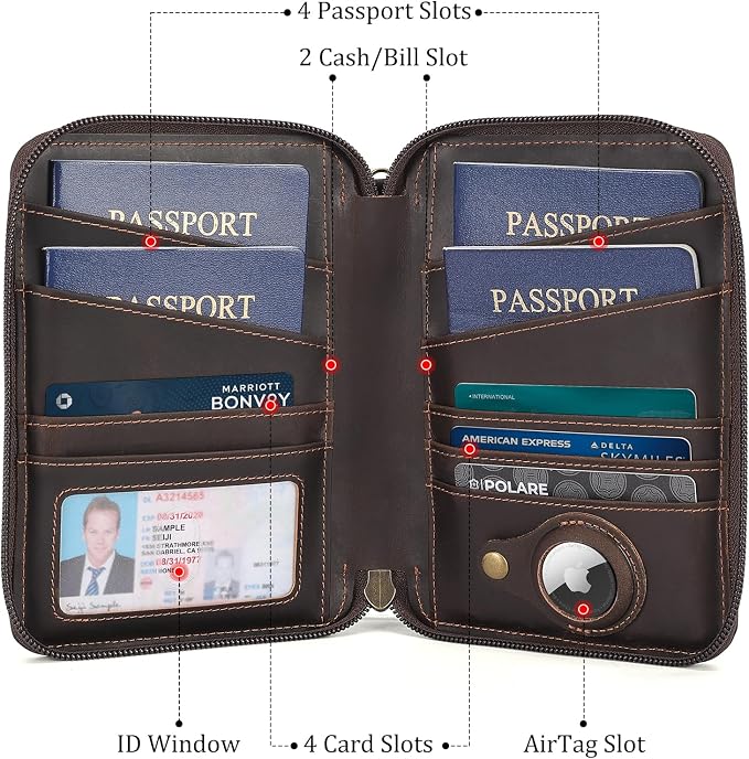 Polare Full Grain Leather Family Passport Wallet for 4 Passports, RFID Blocking Bifold Passport Cover Travel Document Organizer Holder for Women and Men (Dark Brown with AirTag Slot) - Image 4