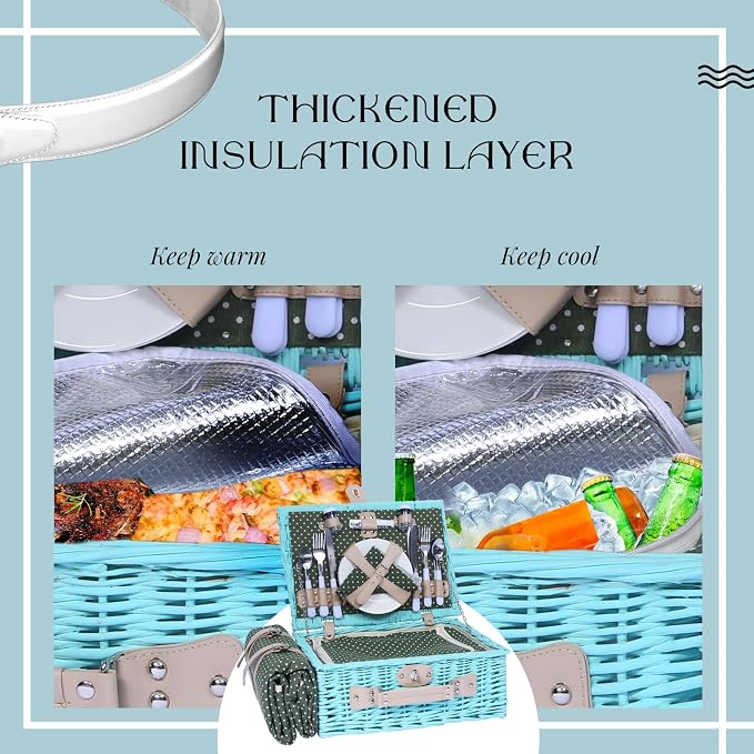 YPshuye Picnic Basket Set for 4 with Waterproof Blanket Mat Insulation Bag Wicker Blue Green Light Hawaiian Tropical Style Gift for Wedding Birthday Summer Camp Outdoor Camping Beach Travel Christmas - Image 7