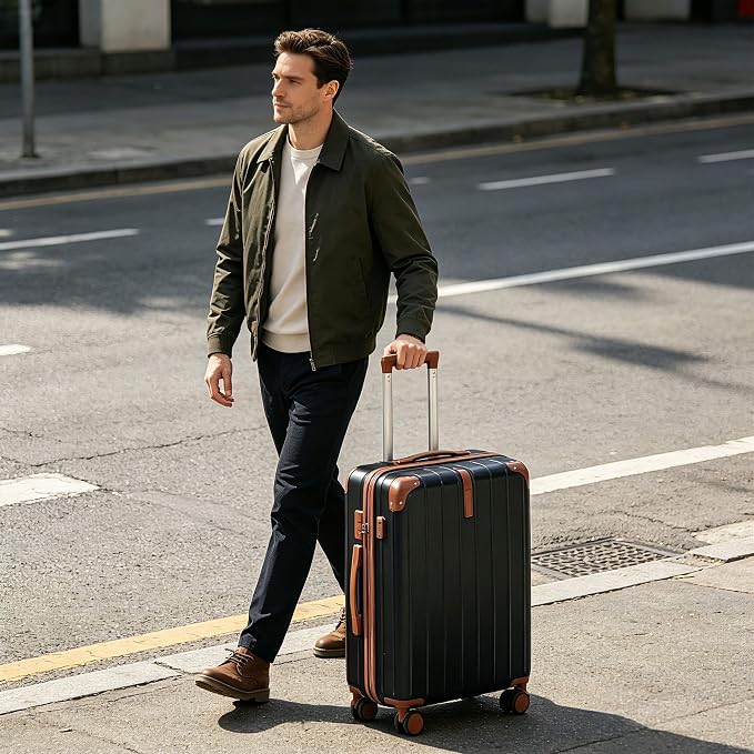Hardside Luggage Sets, Lightweight Stripes Suitcase with Spinner Wheels, Black - Image 5
