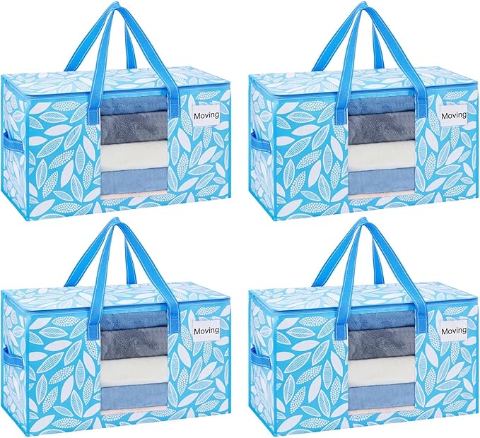 VENO 4 Pack Heavy Duty Moving Bags, Clothes and Comforter Storage Bags with Clear Window, College Dorm Essentials Packing Supplies, Foldable Boxes Alternative (Spring Breeze, 4 Pack) by Veno