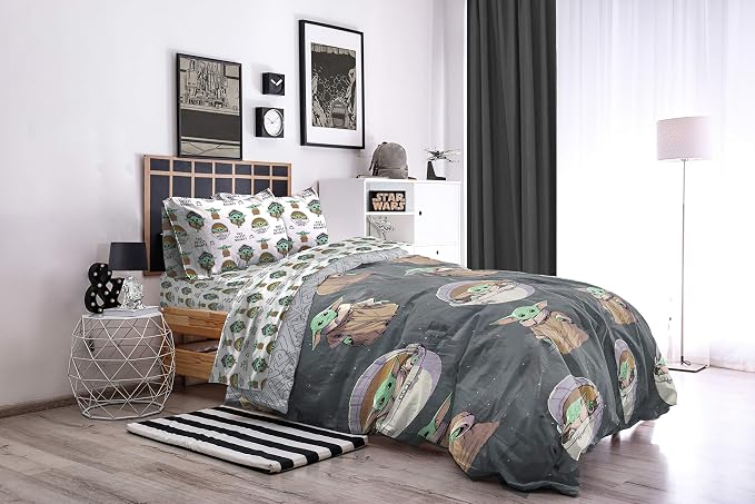 Star Wars Mandalorian Full Size Comforter Set 5 Piece Kids Bedding, Gray | Grogu Baby Yoda, Comforter Sheets Pillowcases, Official Product, Soft Microfiber, Machine Washable, Easy Care, Kids Gift - Image 7