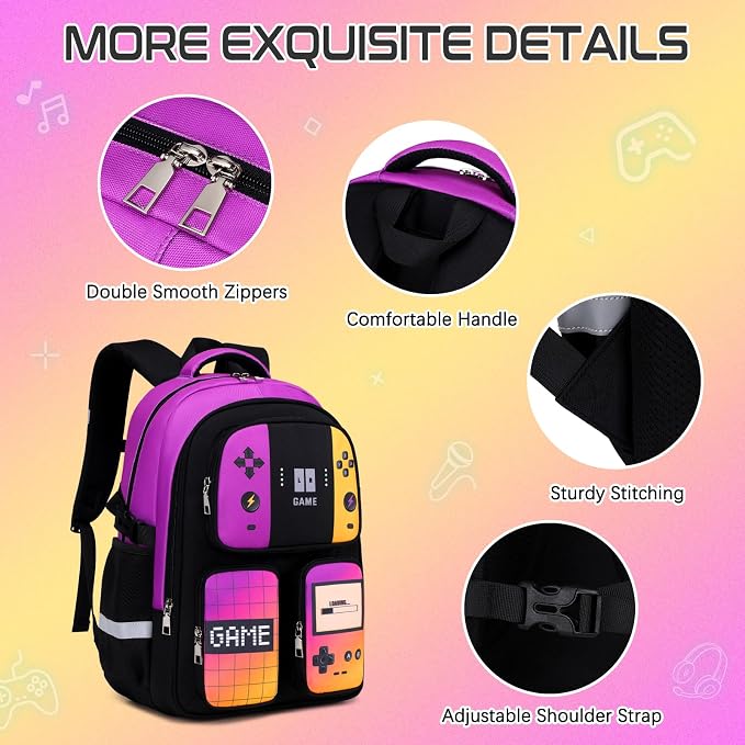 Gamer Backpack for Boys , 3PCS Boys Backpack with Lunch Box & Pencil Pouch, Waterproof School Bags for Boy Kids Children Teens, Elementary Middle School, Kids Book Bag Casual Daypack (Pueple Yellow) - Image 5
