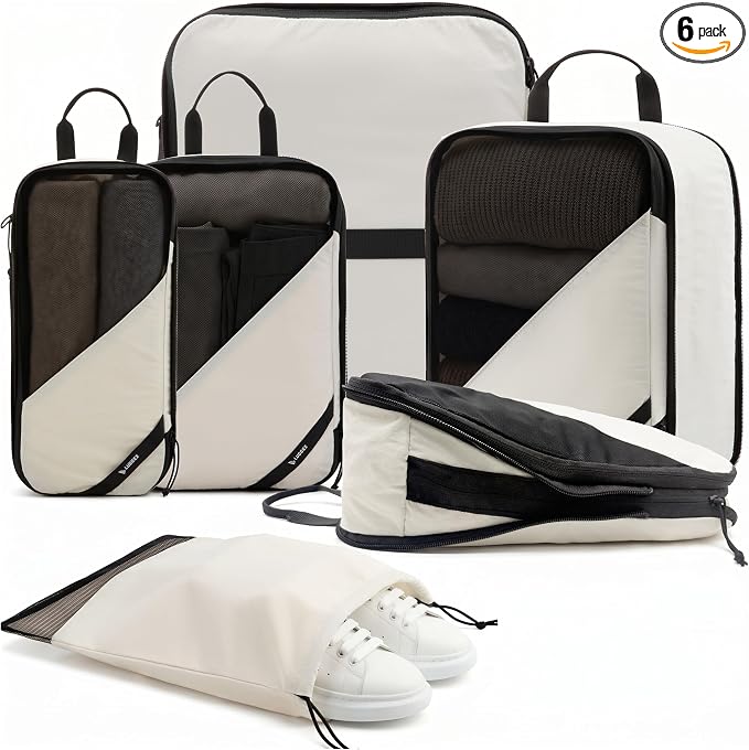 LUGGEX Compression Packing Cubes for Travel, 6 Set Lightweight Luggage Organizer Bags with Shoe Bag, Space Saving Suitcase Packing Cubes for Carry-On with Breathable Mesh, Double-Zipper (POX01, Beige) by LUGGEXLUGGAGE