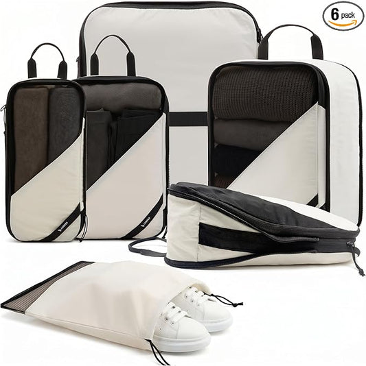 LUGGEX Compression Packing Cubes for Travel, 6 Set Lightweight Luggage Organizer Bags with Shoe Bag, Space Saving Suitcase Packing Cubes for Carry-On with Breathable Mesh, Double-Zipper (POX01, Beige) by LUGGEXLUGGAGE