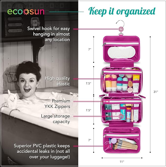 Eco Sun Hanging Travel Toiletry Bag — Designed in Hawaii — Water-resistant Travel Organizer for Bathroom Accessories (Magenta) - Image 3