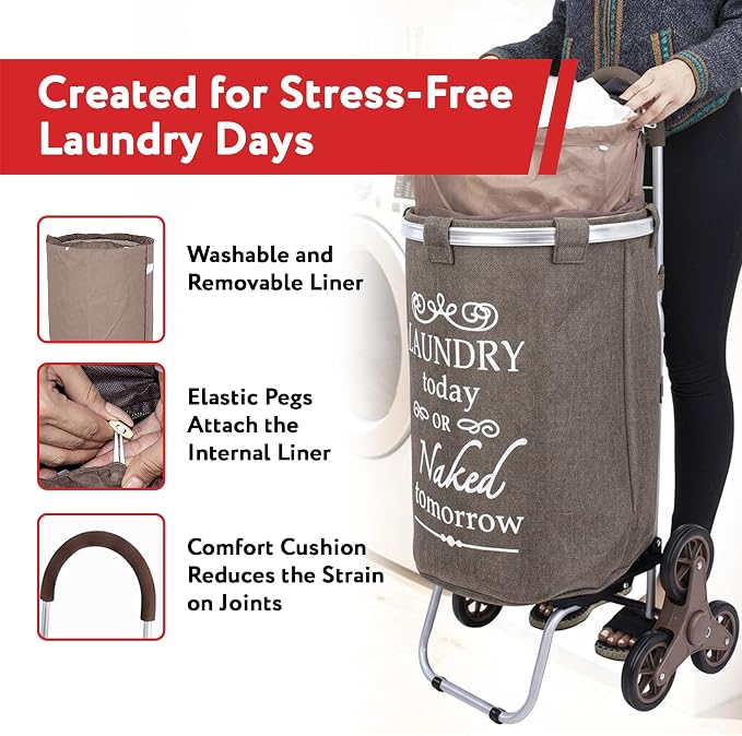 dbest products Stair Climber Laundry Trolley Dolly, Brown Laundry Bag Hamper Basket cart with wheels sorter - Image 4