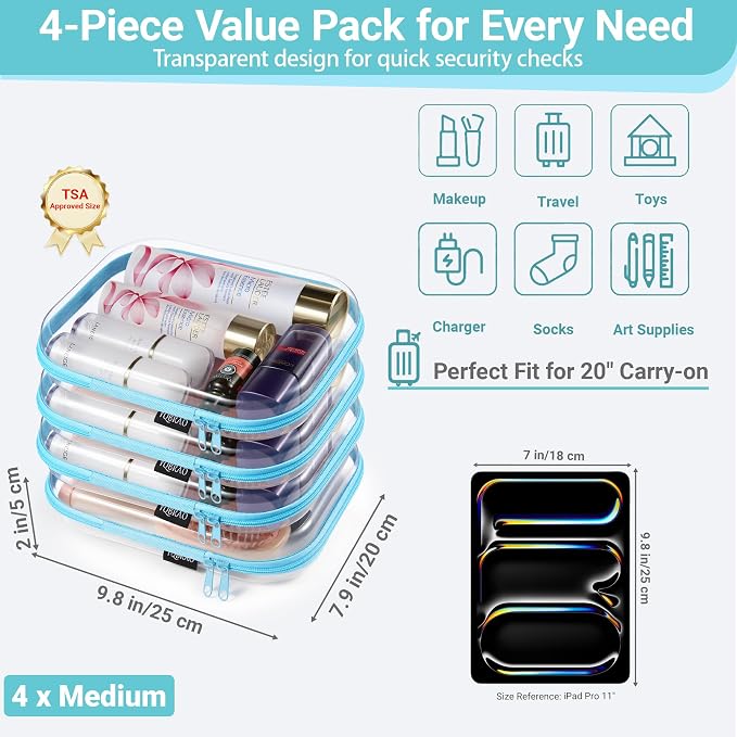 YQBRAO 4-Pack Clear Diaper Bag Organizer Pouches, 1.2mm Ultra-Thick PET Travel Pouches for Toiletries & Makeup, Rigid Self-Standing Bags with YKK Zippers, TSA Approved (Blue) - Image 4