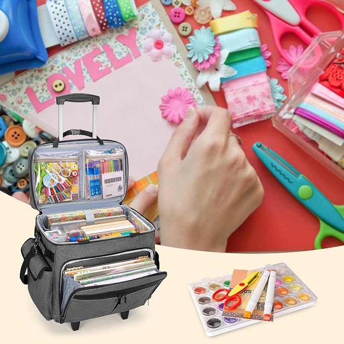 Trunab Rolling Scrapbook Tote with File Pocket & Trolley, Craft Organizer | Expandable File Pocket, Detachable Trolley, Padded Sleeves for 15.6" Laptop, Scrapbooking Supplies & Art Tools - Image 4
