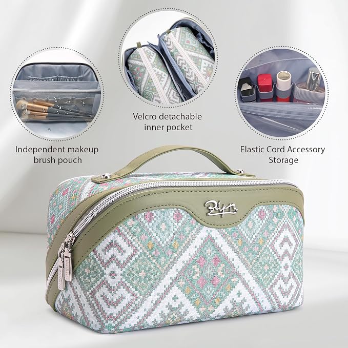 BOYATU Travel Makeup Bag Organizer: Boho Large Capacity Cosmetic Bag Sets | 3Pcs Waterproof Leather Toiletry Bags | 180°Open Flat Make up Case with Compartments | Western Travel Essentials for Women - Image 4
