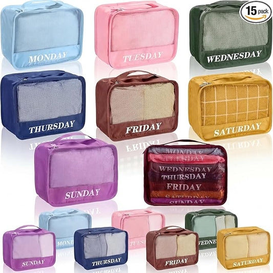 Days of Week Packing Cubes Summer Camp Essentials Weekly Organizer Storage Bag School Clothes for Travel Kids Family(9x7x3inch,Boho,15) by Yeyeplum