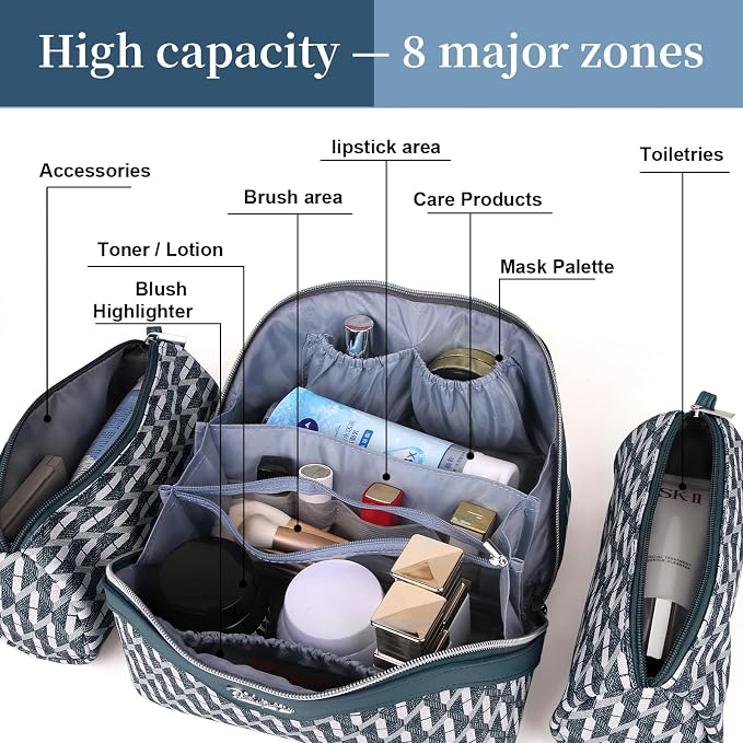 BOYATU Travel Makeup Bags for Women: Large Capacity Cosmetic Bag Set of 3 - Vegan Leather Make up Bags with Compartments - Wide Open Waterproof Toiletry Organizer Bag with Handle (P-01-Royal blue) - Image 2