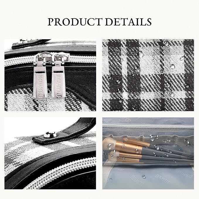BOYATU Travel Makeup Bag for Women: Scottish Plaid 3 Pcs Set Cosmetic Organizer Bag - 180° Open Large Spacious Holds 50% More Cosmetics - Waterproof Leather Checkered Toiletry Bag (01-Black) - Image 5