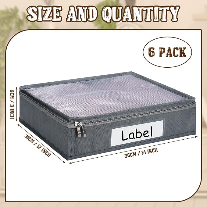 Panelee 6 Pcs 14 x 12 x 3 Inch Sweater Storage Bags Easy Gliding Zippered Sweater Package Organizer Closets Under The Bed Zippered Storage Bags with Label Pocket to Avoid Dust Dirt(Gray) - Image 2