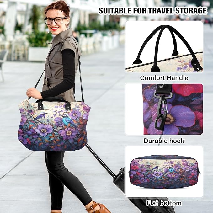 Birds under The Purple Flower Travel Duffle Bag Gym Yoga Carry on Bags for Men Women Weekender Bag - Image 6