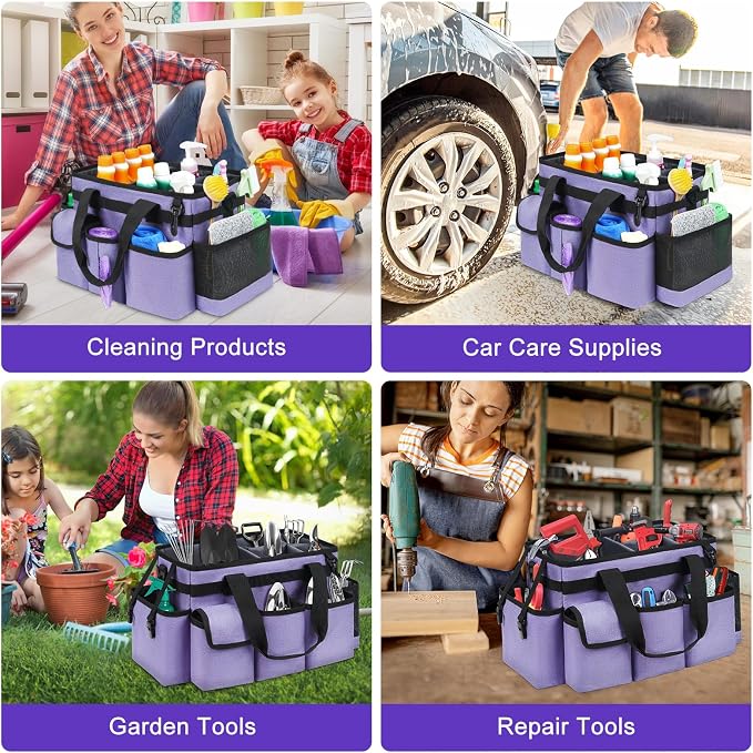 Cleaning Caddy,Cleaning Bag for Housekeepers,Cleaning Supplies Organizer with Handle,Purple - Image 6