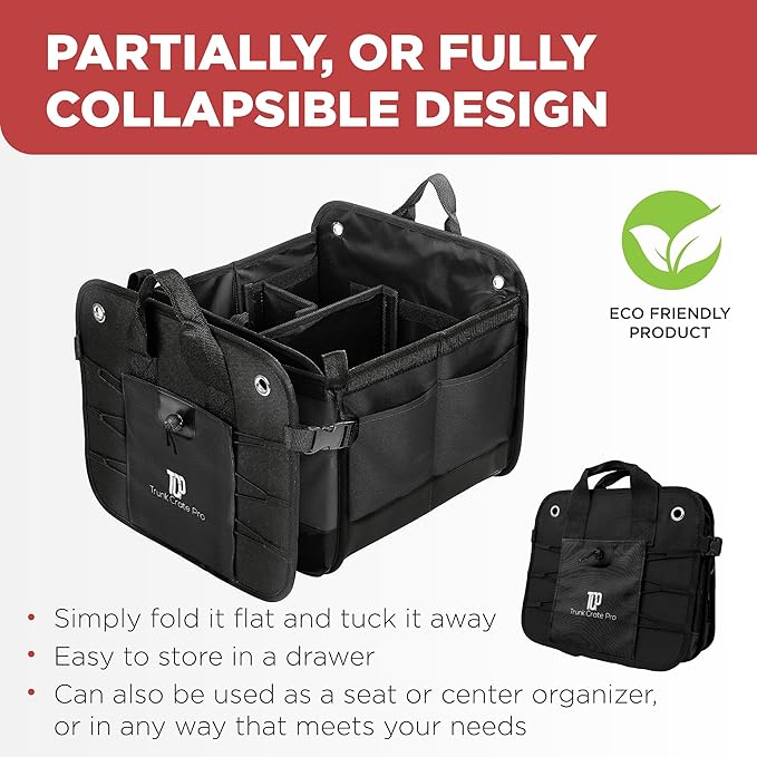 Car Trunk Organizer for SUV & Truck Cargo Storage, Large, Black | Fits Cars, SUVs & Trucks 4 Adjustable Compartments Non-Slip Base & Straps Foldable 11 Pockets Car Accessories - Image 5