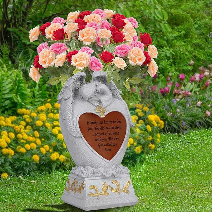 Angel Garden Statue Outdoor Decor, Cemetery Vase with LED, Family Garden Memorial Statue, Crying Angel (White) with Solar Lights