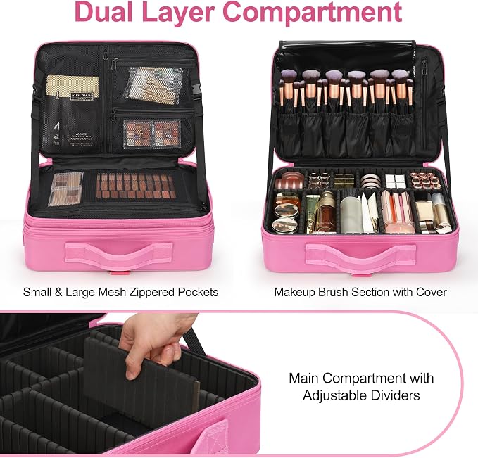 Relavel Makeup Case Large Makeup Bag Professional Train Case Travel Cosmetic Organizer Brush Holder Waterproof Makeup Artist Storage Box, 3 Layer Large Capacity, with Adjustable Strap, Rose Pink - Image 3