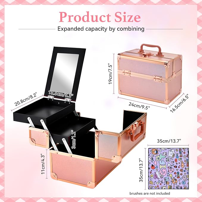 Makeup Train Case, Portable Makeup Case with Mirror, 2-Trays Cosmetic Organizer Case,Nail Polish Organizer, Travel Makeup Box, Profesional for Salon Barber, Rose Gold - Image 3