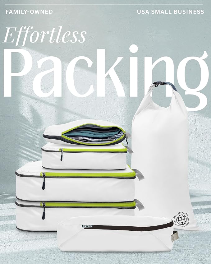 Compression Packing Cubes for Travel, 6-Piece Lightweight Packing Cubes Set for Carry-On Luggage & Backpacks – TRIPPED Travel Gear (White and Green) - Image 6