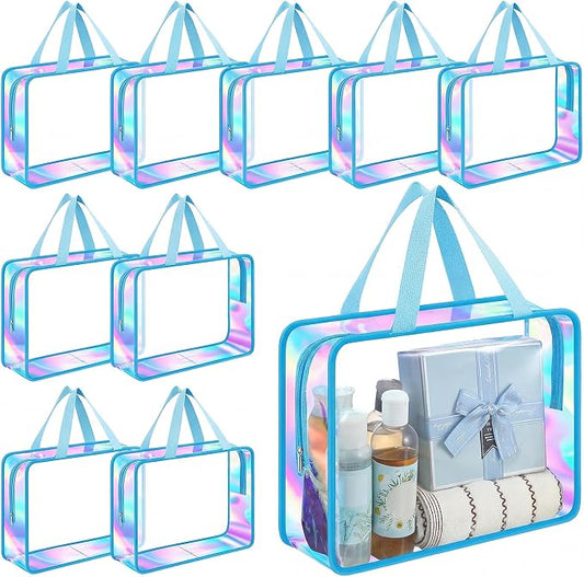 Sweetude 10 Pcs Large Clear Toiletry Bag with Handle Large Capacity Travel Iridescent Beach Makeup Bag PVC Clear Plastic Tote Punch Cosmetic Clothes Storage Organizer for Women Men (Blue) by Sweetude