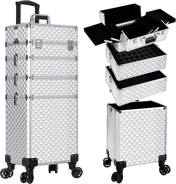 AROUS Rolling Makeup Train Case 4 in 1 Cosmetology Case on Wheels Large Storage Cosmetic Trolley with Key Salon Barber Case Traveling Cart Trunk, Silver by Unknown