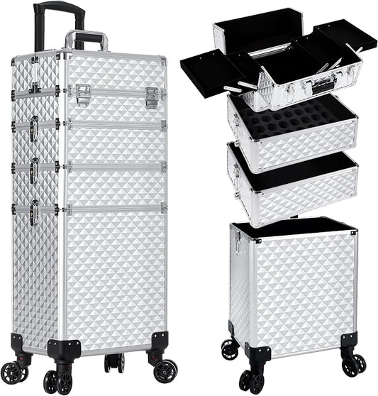 AROUS Rolling Makeup Train Case 4 in 1 Cosmetology Case on Wheels Large Storage Cosmetic Trolley with Key Salon Barber Case Traveling Cart Trunk, Silver by Unknown
