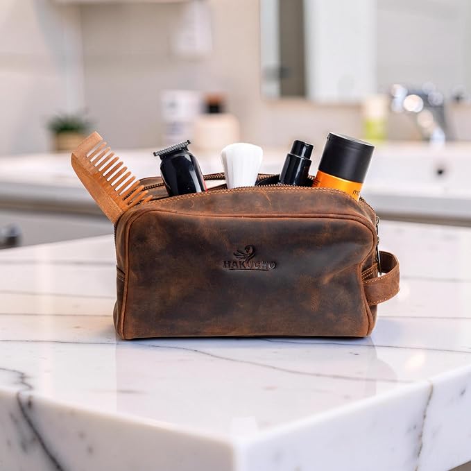 Leather Toiletry bag for men - Travel Pouch for Men & Women, Leather Dopp Kit, Cosmetic Makeup Kit with Waterproof Lining, Spacious Zippered Organizer (Tan Brown) - Image 7