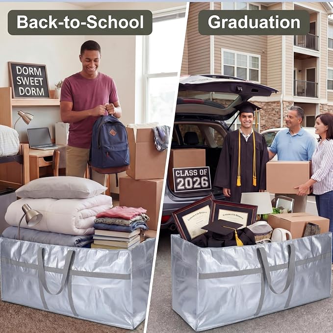 Windyun 4 Pack 57 Gallon Extra Large Moving Bags XXL Heavy Duty Storage Bag with Strong Zipper Handle Jumbo Big Tote Box Foldable for College Dorm Travel Clothes Duffle Blanket Pillow(Silver) - Image 5