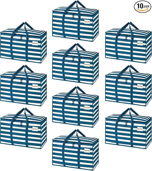 VENO 10 Pack Heavy Duty Moving Bags, Extra Large Storage Bags with Reinforced Handles & Strong Zippers, Foldable & Reusable Moving Box Alternative for Clothes & Dorm Storage by Veno