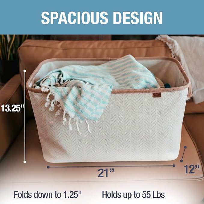 CleverMade Collapsible Laundry Basket LUXE 2 Pack – 60 L (16 Gal) Foldable Cotton Blend Clothes Hamper with Vegan Leather Accents, Reinforced Handles, Space Saving Laundry Bin Holds 55 lbs - Cream - Image 3