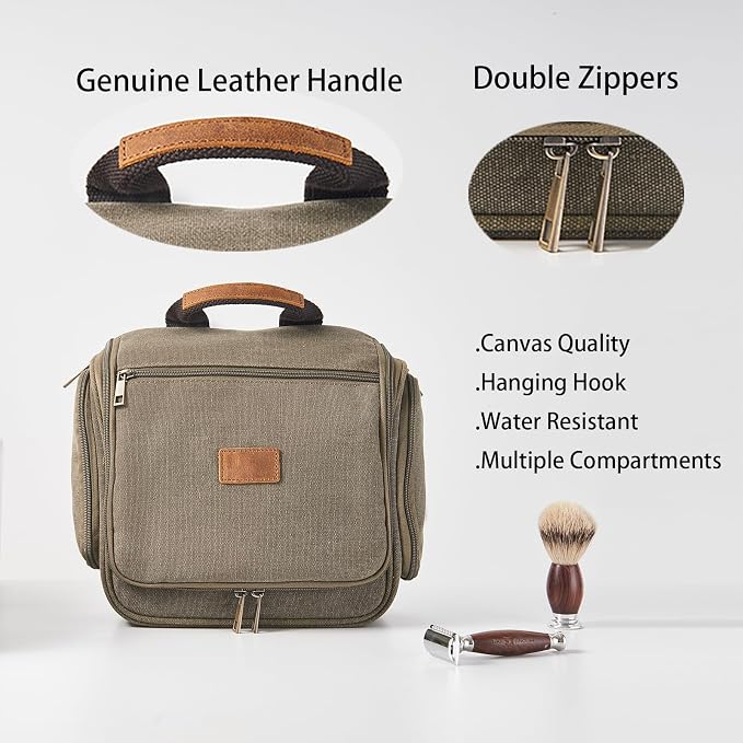 Canvas Toiletry Bag for Men with Sturdy Metal Hook Shaving Dopp Kit Bulk Travel Hanging Makeup Organizer Portable Cosmetic Bag for Women with Large Capacity ArmyGreen - Image 3