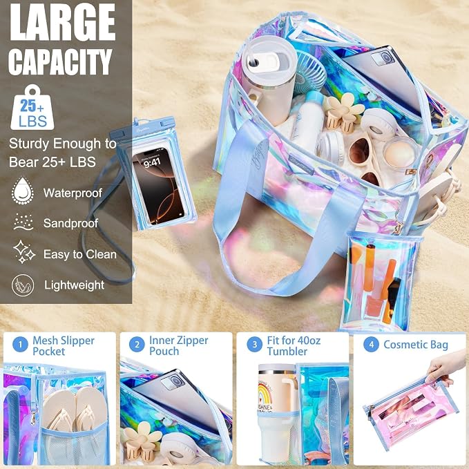 Bagstellar Iridescent Beach Bag, Jelly Tote Bag with Phone Pouch Makeup Bag | Large Beach Bags Waterproof Sandproof, Zipper Beach Tote Clear Pool Swim Boat Bag for Women Summer Travel Cruise Essentials - Image 6