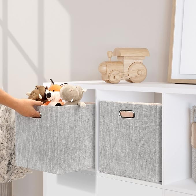 Posprica 13x15x13in Collapsible Storage Bins, Fabric Foldable Cube Storage Boxes, Decorative Storage Baskets Organizer for IKEA Kallax, Shelves, Closet, Clothes, Set of 4-Grey - Image 4