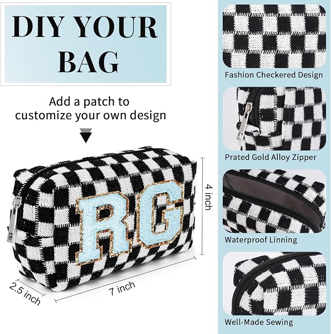SOIDRAM Checkered Makeup Bag Preppy Cosmetic Bag Bulk Black Makeup Pouch Personalize Travel Toiletry Bag Organizer Cute DIY Makeup Brushes Storage Bag for Women - Image 3