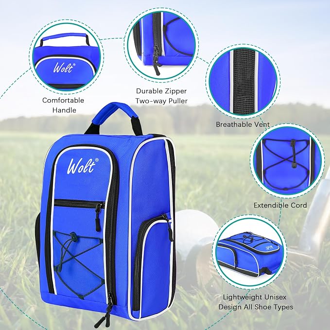 Wolt | Golf Shoe Bag for Travel- Zippered Shoes Carrier Bags with Ventilation & Double Outside Accessory Pocket for Socks, Tees, Golf Balls, Etc. for Women and Men (Blue) - Image 3