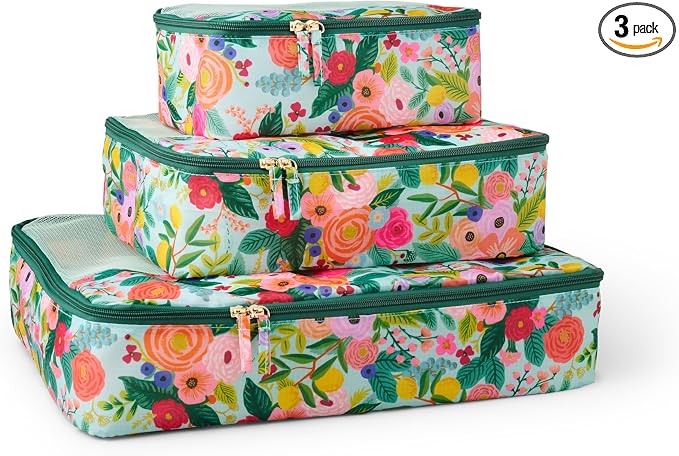 RIFLE PAPER CO. 3 Set Compression Packing Cubes with Zipper Pull & Laundry Bag | Organizer Travel Essentials for Luggage/Suitcase | Garden Party Pattern by RiflePaperCo