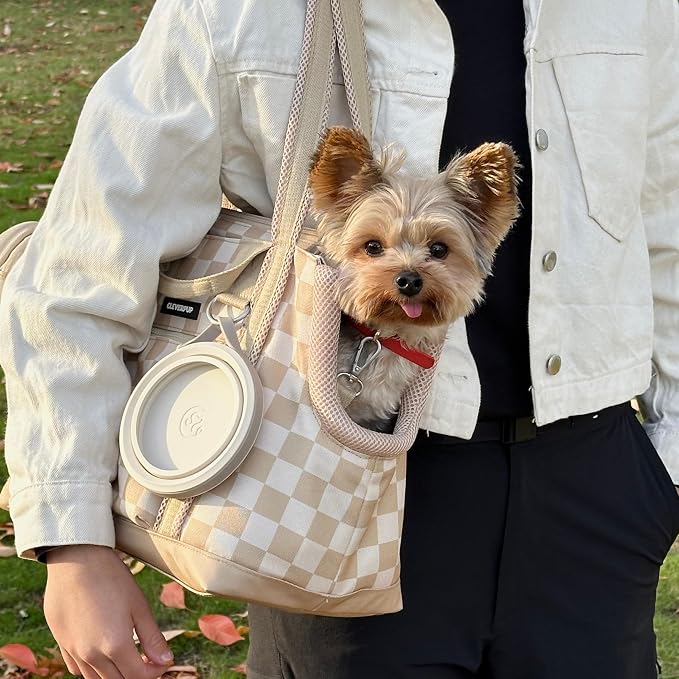 Cleverpup Transit Tote Dog Carrier for Small Dogs Under 8 lbs, 16x11x8 Soft-Sided 4-Pc Set with Waterproof Base, Plush Insert, Food Pouch, Mesh Head Opening - Small, Checkerboard - Image 6