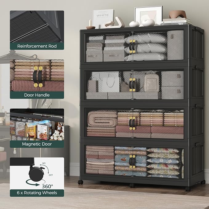 300Gal/1200QT 5-Tiers Extra Large Stackable Storage Bins with Lid, Collapsible Cabinet Closet Organizer Plastic Container Box with Wheels Doors Drawers for Office Dorm Kitchen, Black - Image 5
