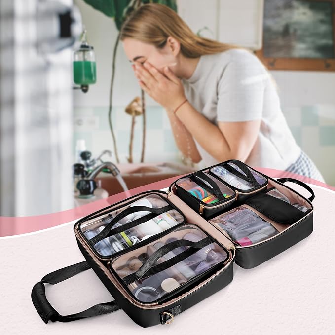 Extra Large Toiletry Bag for Women, Travel Makeup Organizer, Black | Toiletry Bag with 4 Individual Cases, Hair Tool Pocket & Makeup Brushes Compartment, Large Capacity Travel Organizer - Image 7