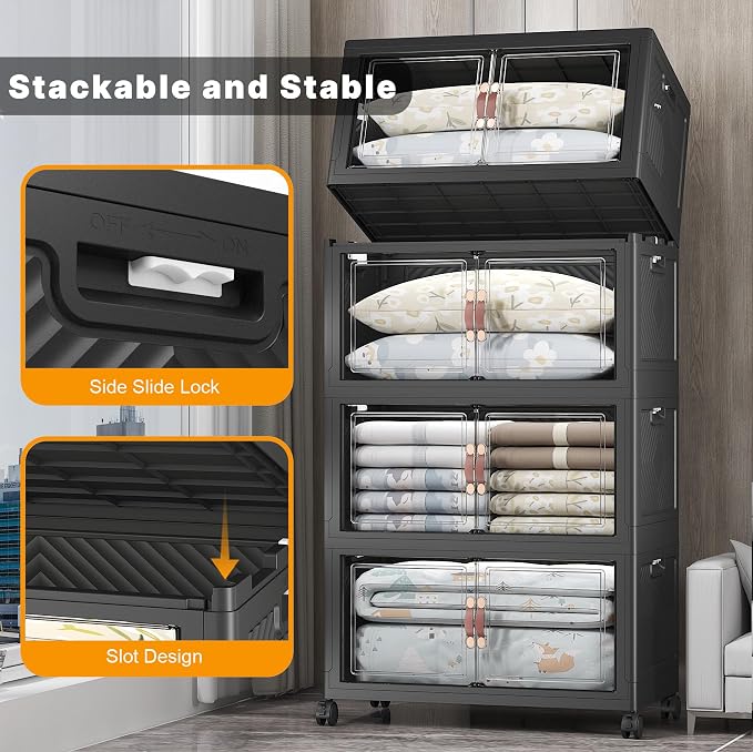 UAMFURI 672QT Lockable Plastic Storage Bins, 4 Pack Collapsible Cabinets | Stackable Organizer with Doors & Wheels, Foldable Containers for Bedroom, Dorm, Office & Garage Storage - Image 4