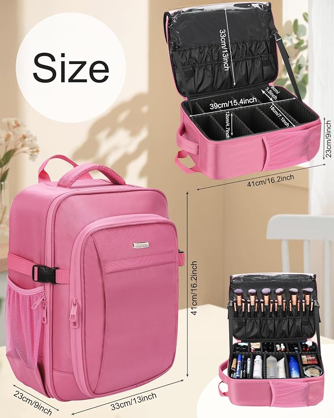 Relavel Makeup Backpack, Professional Travel Train Case Makeup Artist Kit Set Bag for Women Extra Large Cosmetic Organizer, Brush Storage Holder, with Adjustable High Dividers, Rose Pink - Image 6