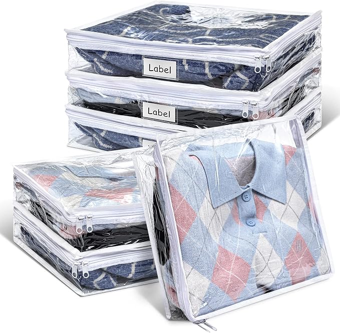 Hoolerry 6pcs Clear Zippered Storage Bag Plastic Individual Sweater Storage Bag with Zipper Label Closet Clothing Organizer for Blanket Clothes Bed Sheet Comforter Quilt Pillow(15.7 x 13.7 x 3.9 Inch) by Hoolerry
