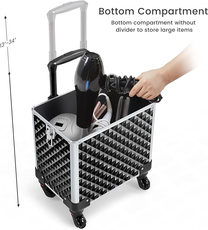 Yaheetech Rolling Makeup Train Case 3 in 1 Cosmetic Case Large Capacity Organizer with Swivel Wheels Key Cosmetic Trolley for Nail Tech Makeup - Black - Image 7